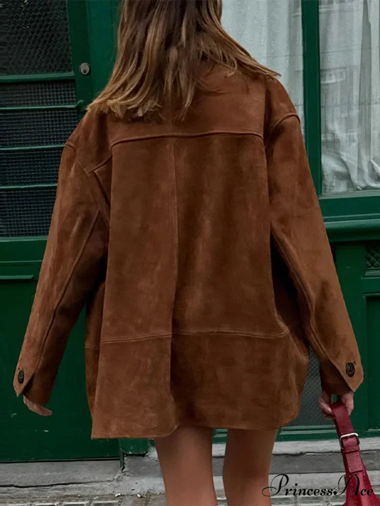 Brown Stand Collar Suede Coat
Modified Output: Tan Upright Neck Suede Jacket - Image 5