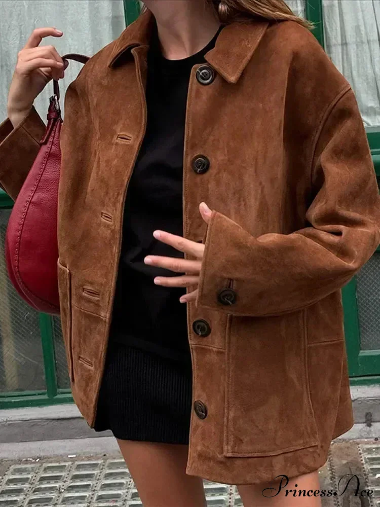 Brown Stand Collar Suede Coat
Modified Output: Tan Upright Neck Suede Jacket - Image 7