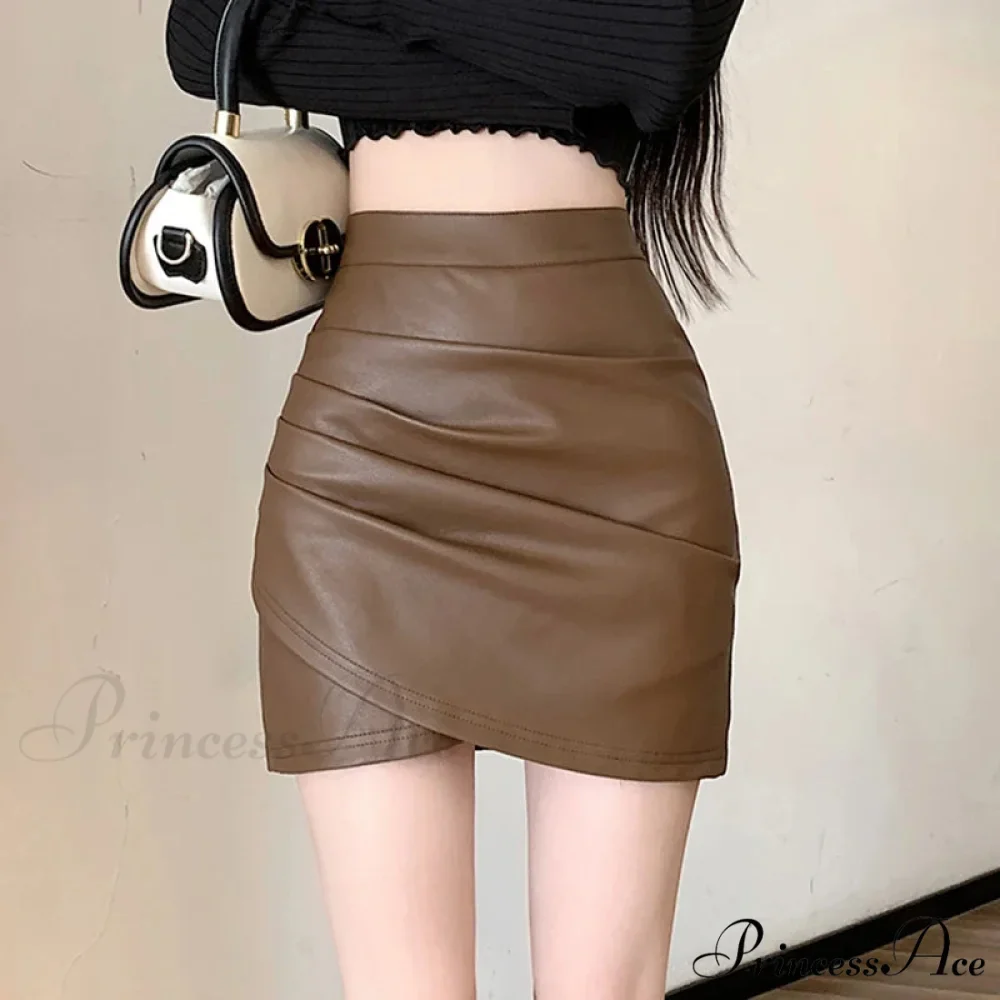 Brown Synthetic Leather Narrow Fit Skirt - Image 2