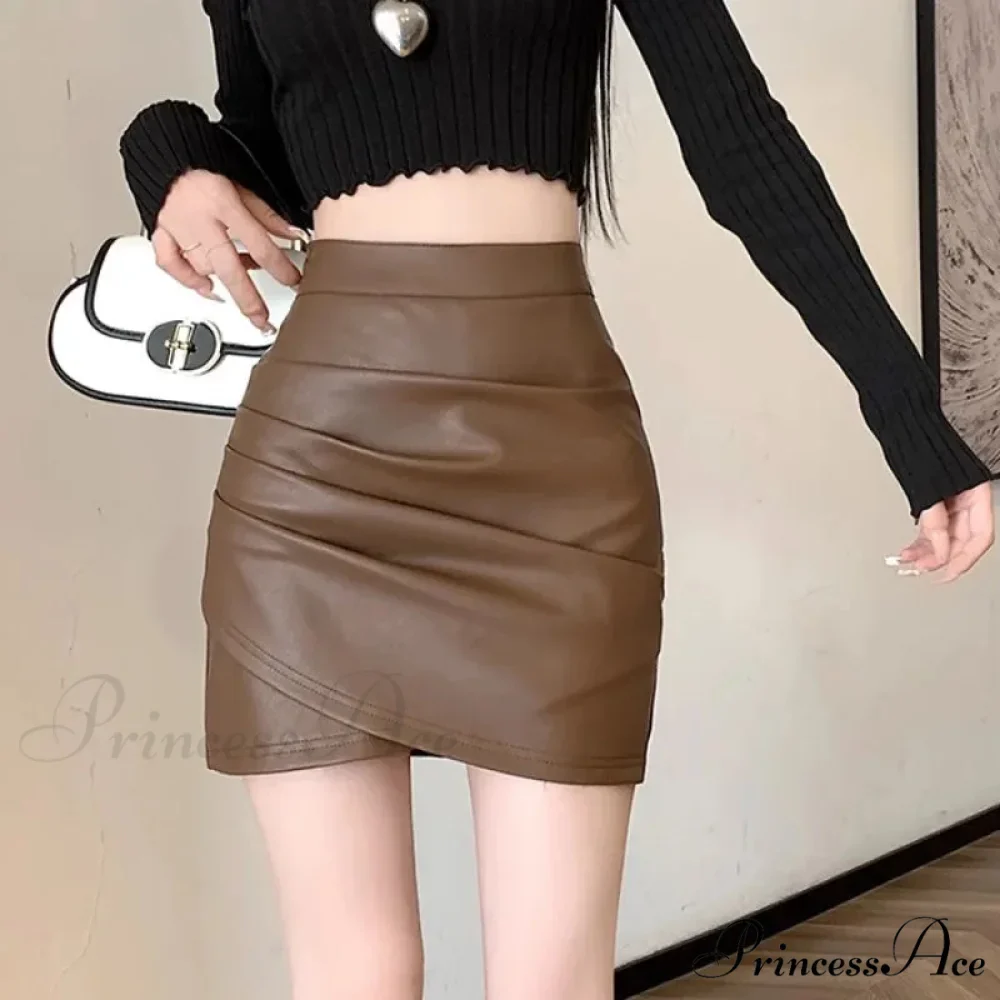 Brown Synthetic Leather Narrow Fit Skirt - Image 4