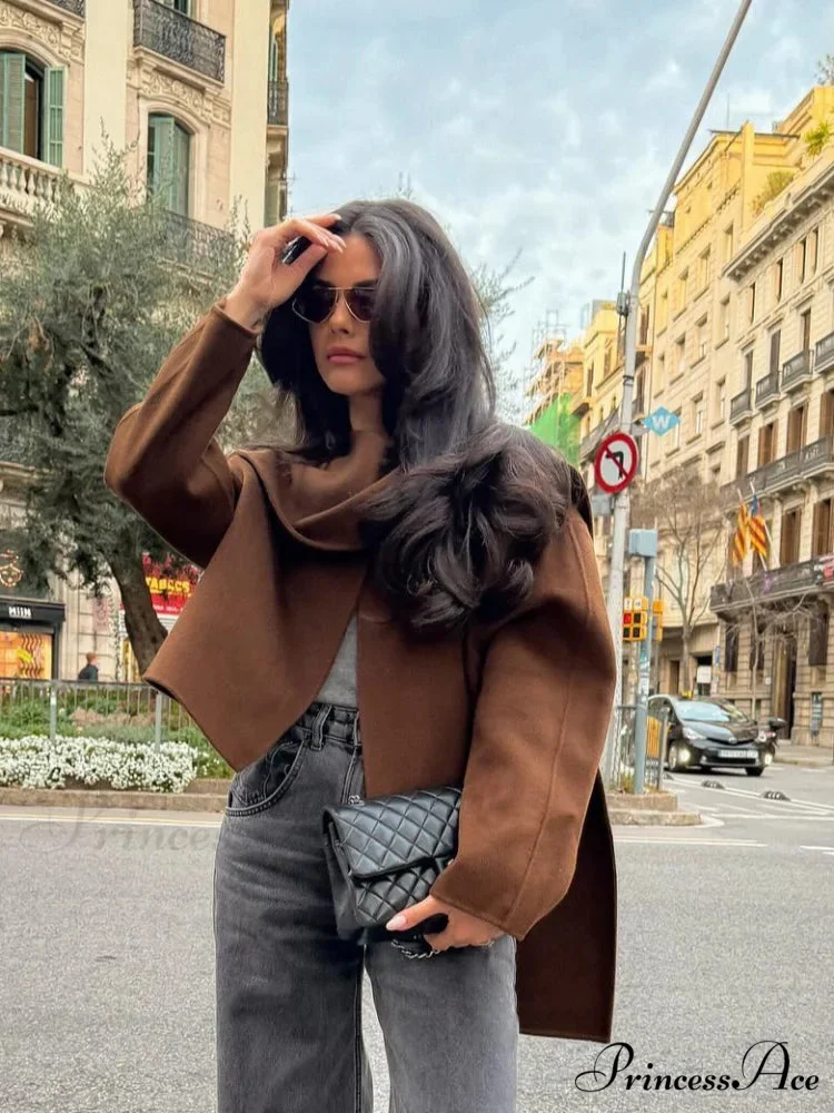 Brown Woolen Circular Neck Scarf Jacket - Image 2