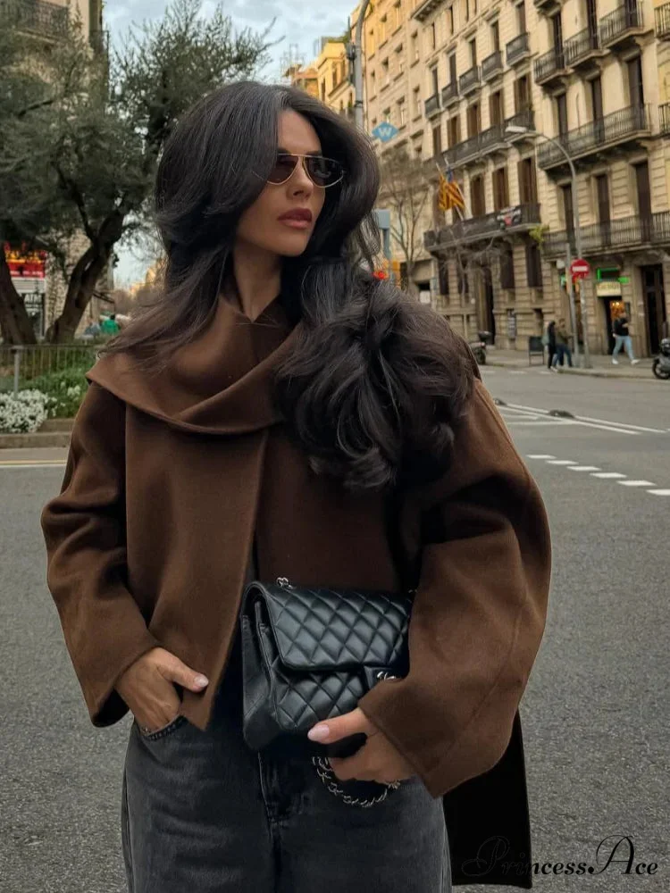 Brown Woolen Circular Neck Scarf Jacket - Image 4