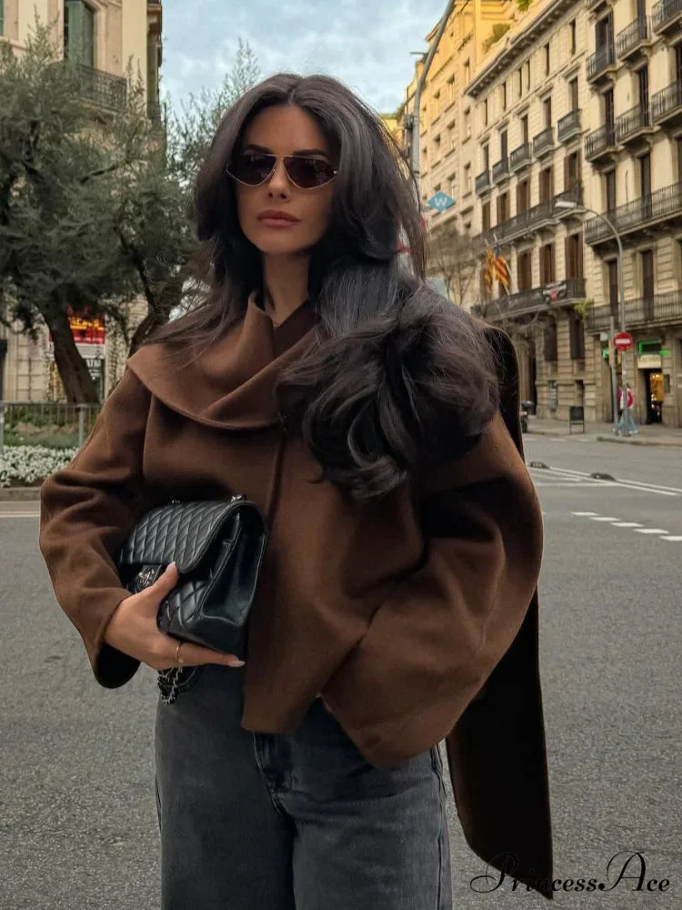 Brown Woolen Circular Neck Scarf Jacket - Image 6