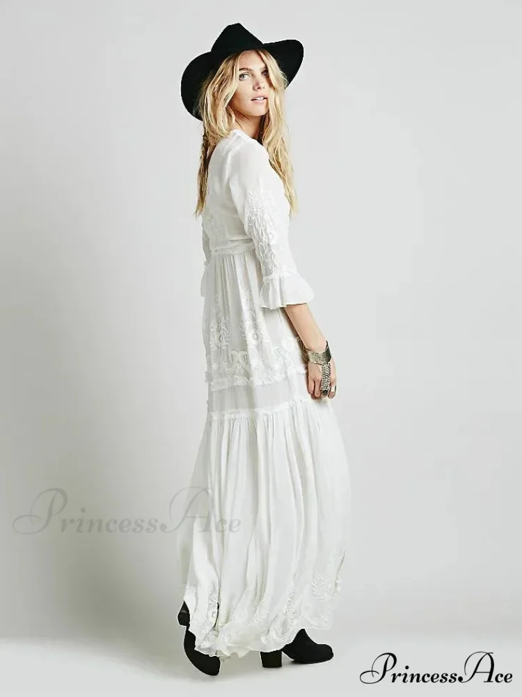 Button Down Hollow Embroidery Tall Waist Boho Dress - Image 2