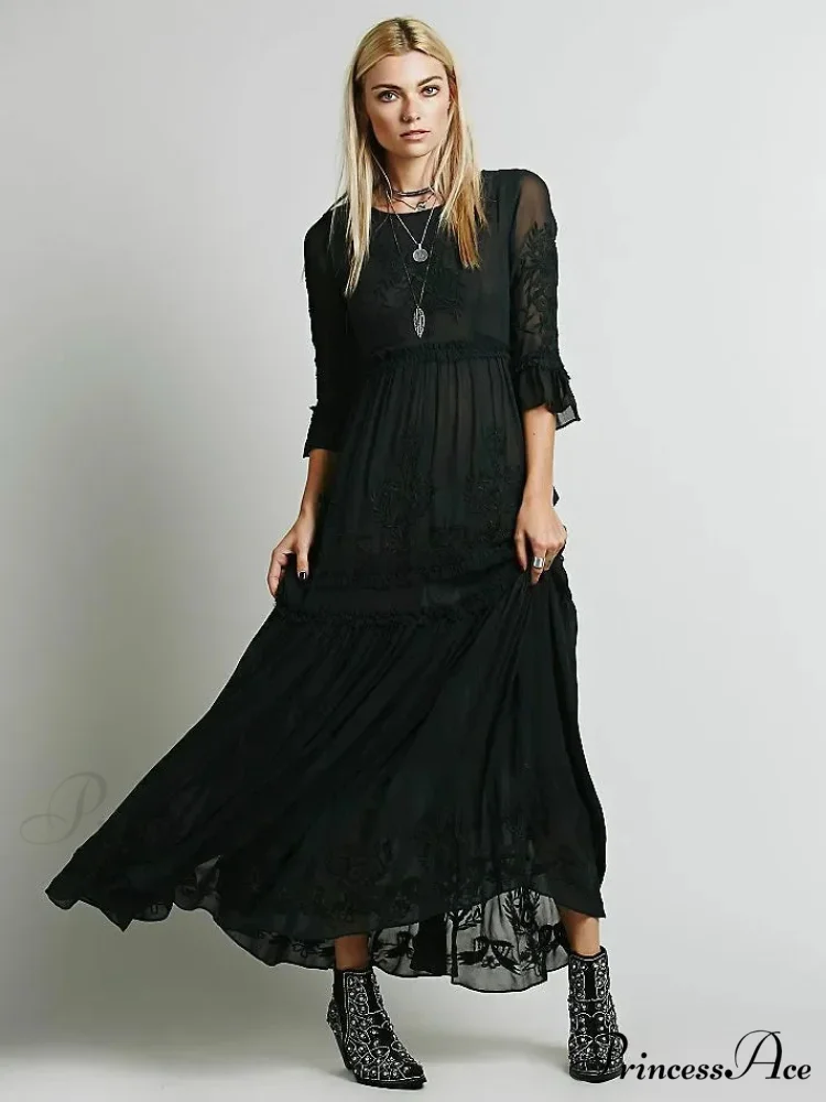 Button Down Hollow Embroidery Tall Waist Boho Dress - Image 3