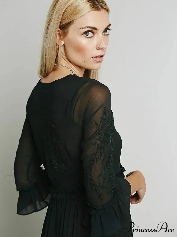 Button Down Hollow Embroidery Tall Waist Boho Dress - Image 4