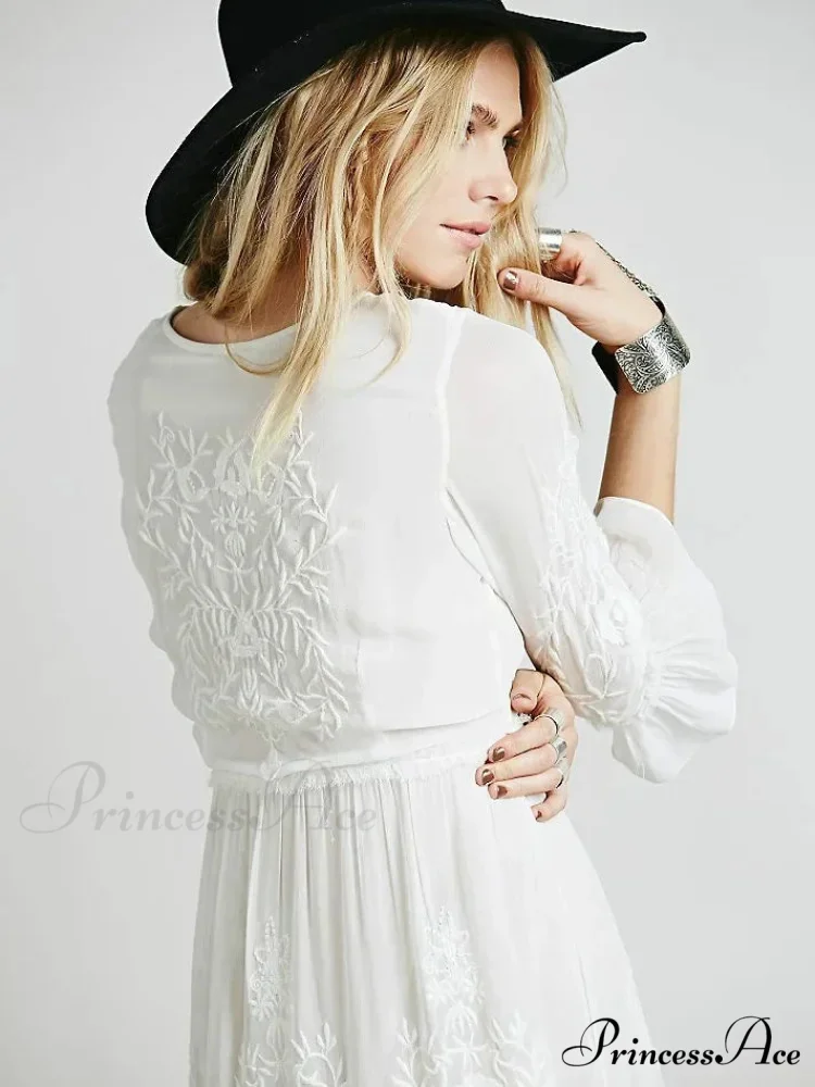 Button Down Hollow Embroidery Tall Waist Boho Dress - Image 5