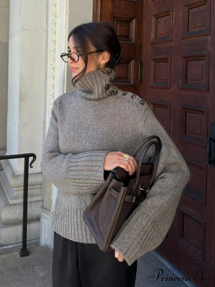 Button High-neck Baggy Pullover Jumper - Image 3