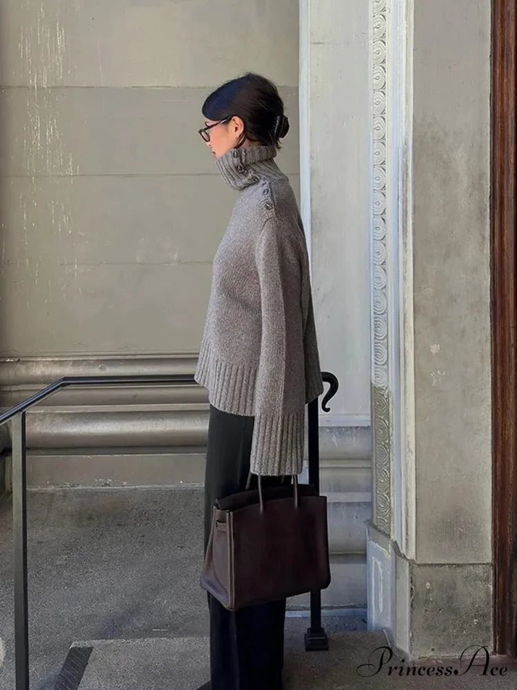 Button High-neck Baggy Pullover Jumper - Image 4