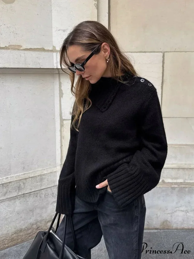 Button High-neck Baggy Pullover Jumper - Image 5