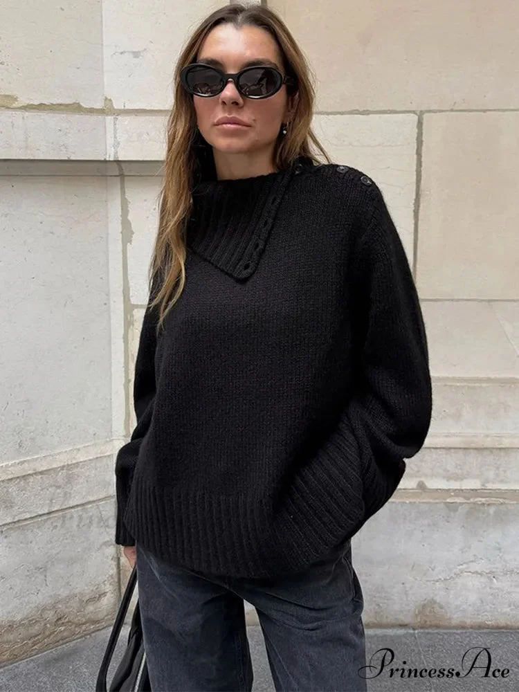 Button High-neck Baggy Pullover Jumper - Image 7