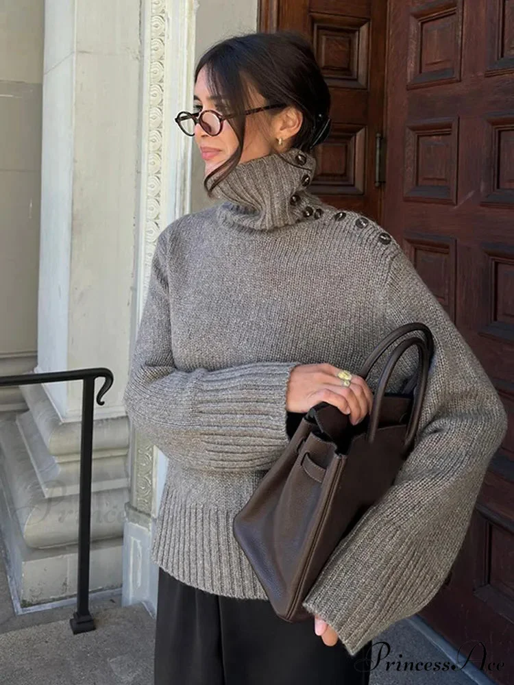 Button High-neck Baggy Pullover Jumper - Image 8