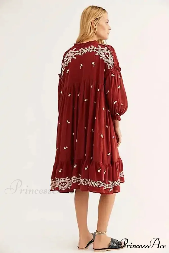 Button Up Ebony Embroidery Retro Cotton Boho Dress - Image 2