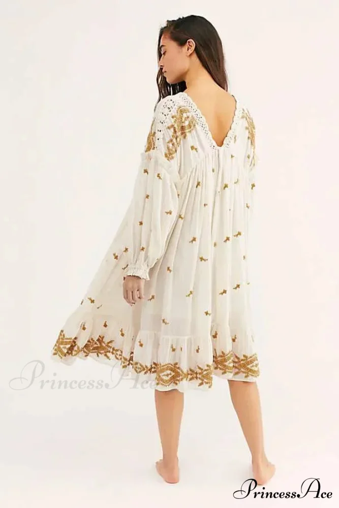 Button Up Ebony Embroidery Retro Cotton Boho Dress - Image 5