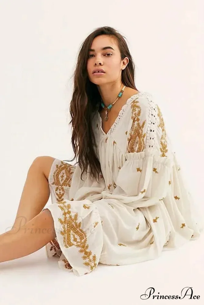 Button Up Ebony Embroidery Retro Cotton Boho Dress - Image 6