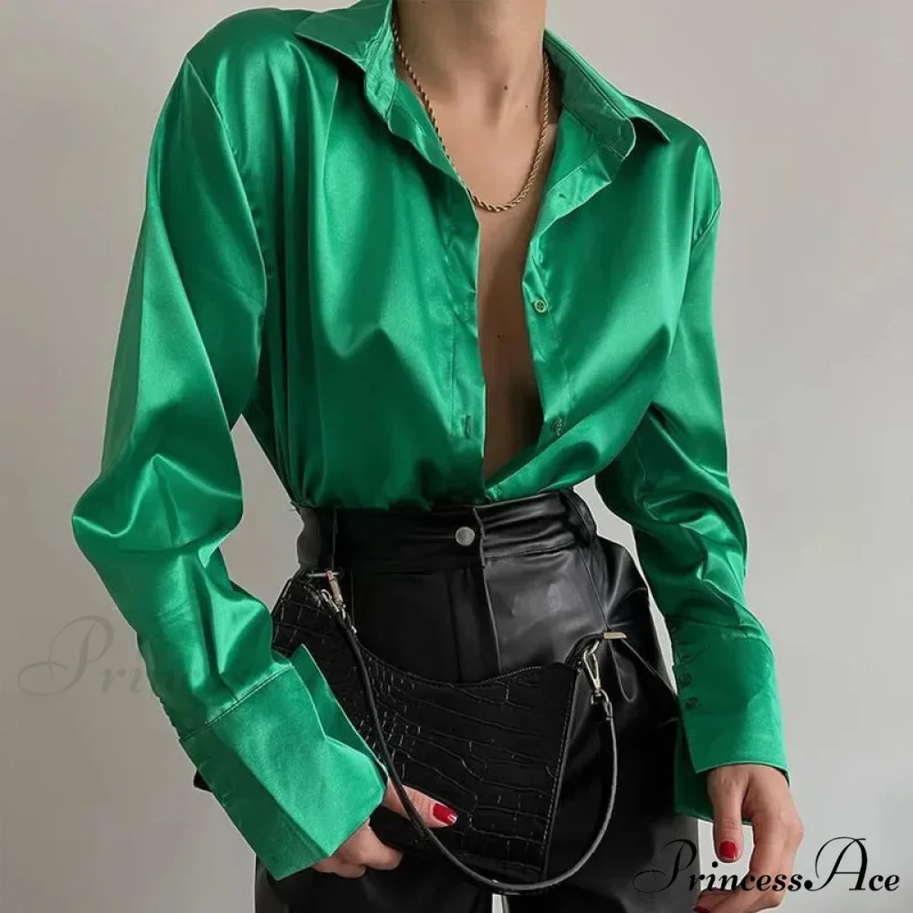 Button Up Glossy Long Sleeve Ivory Blouse - Image 2