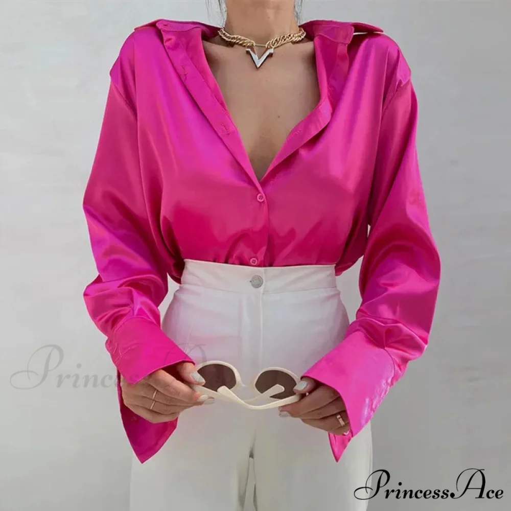 Button Up Glossy Long Sleeve Ivory Blouse - Image 3