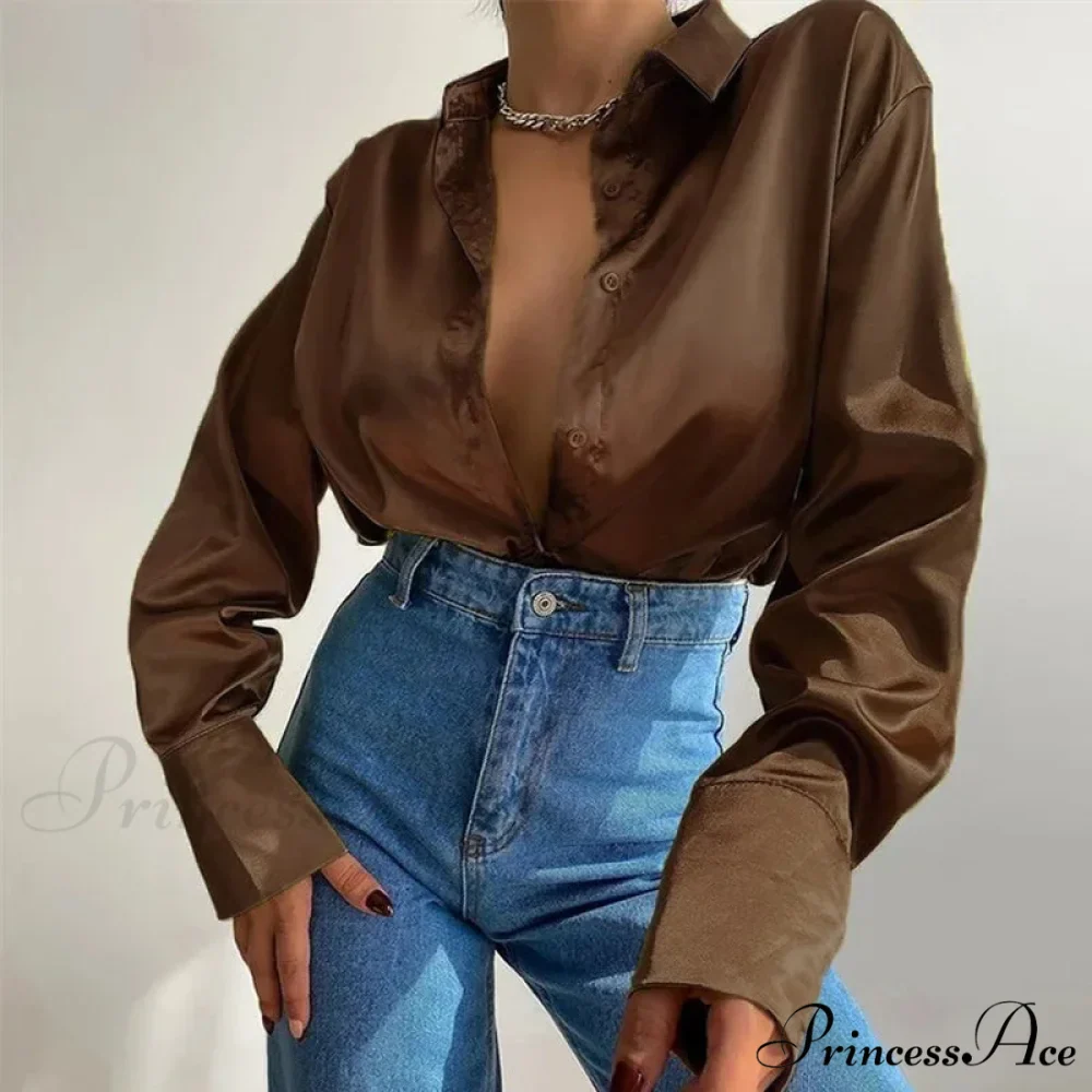 Button Up Glossy Long Sleeve Ivory Blouse - Image 4