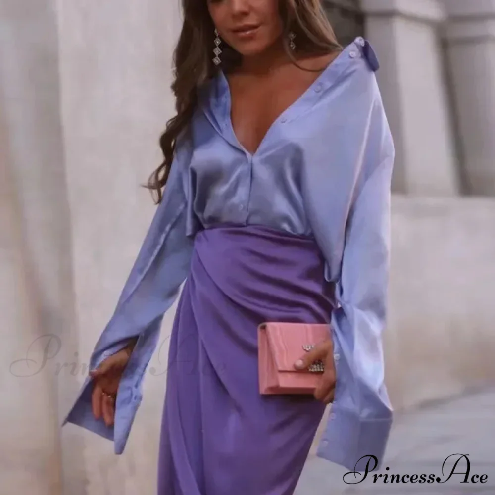 Button Up Glossy Long Sleeve Ivory Blouse - Image 5