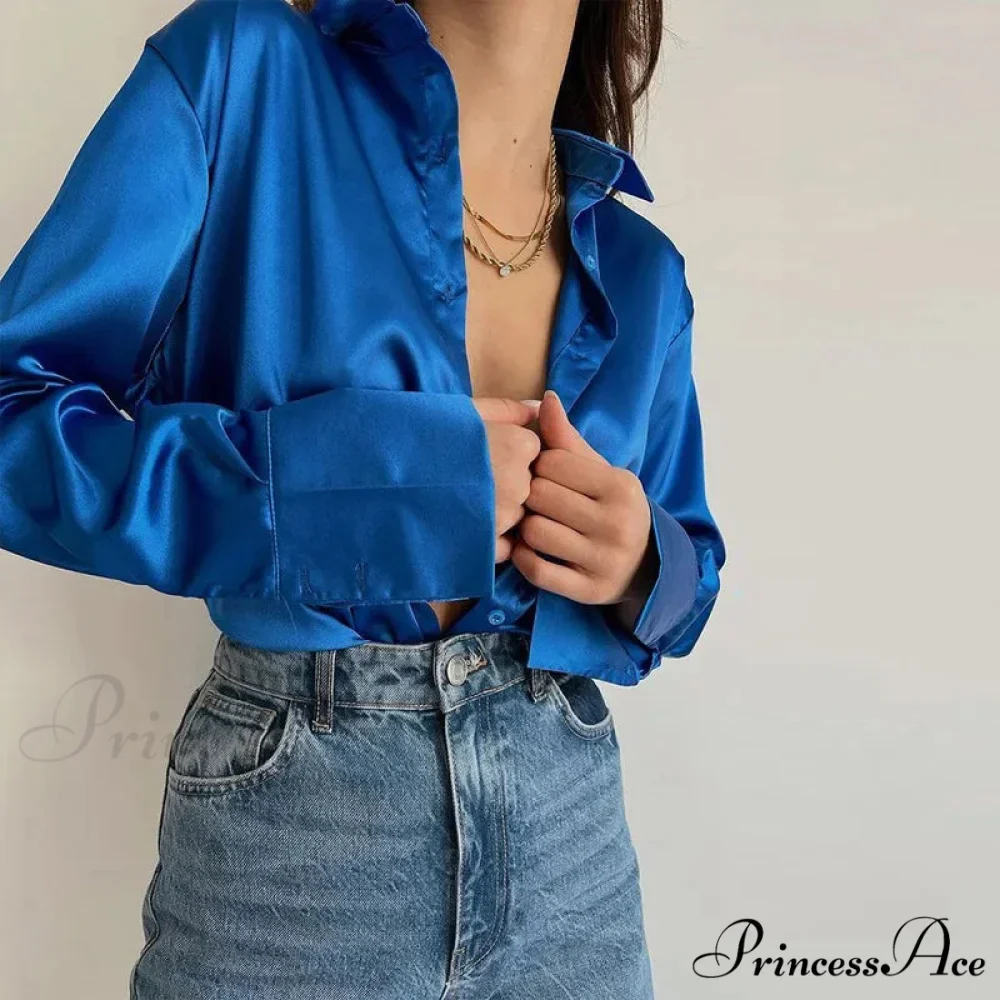 Button Up Glossy Long Sleeve Ivory Blouse - Image 6