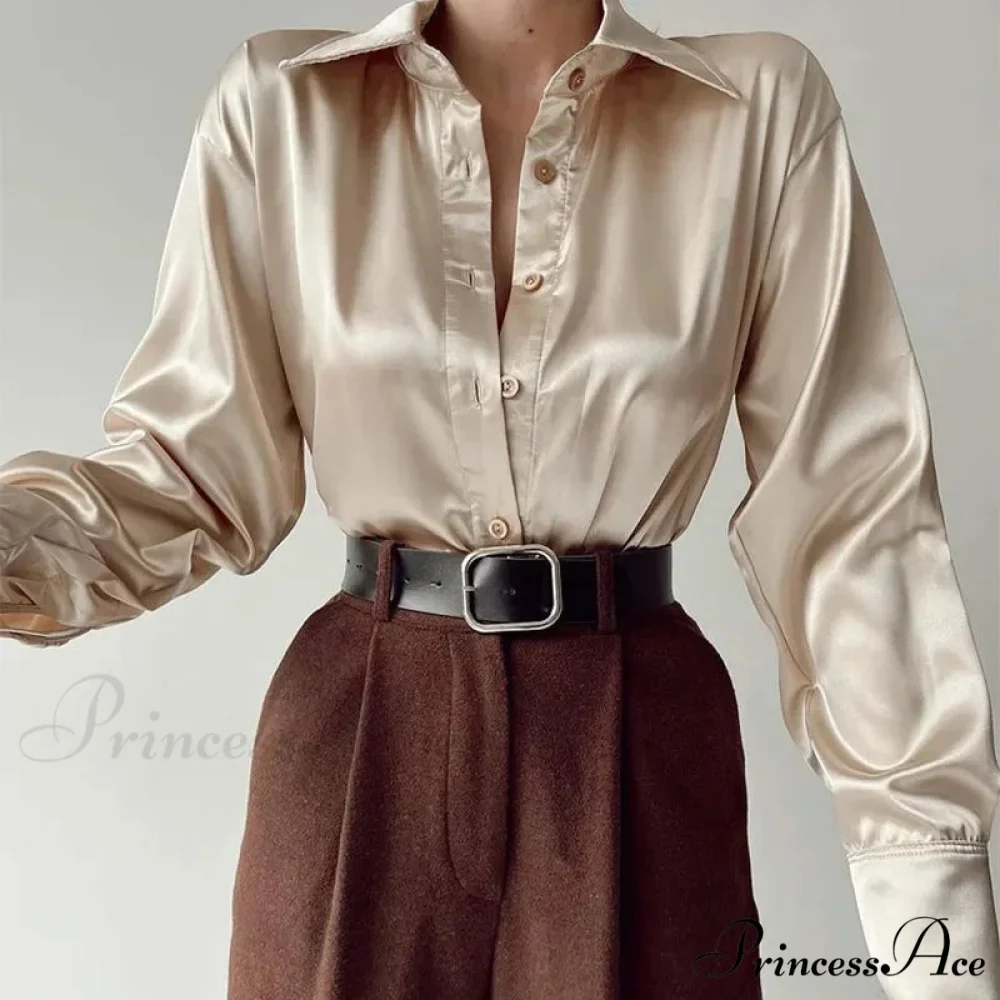 Button Up Glossy Long Sleeve Ivory Blouse - Image 9