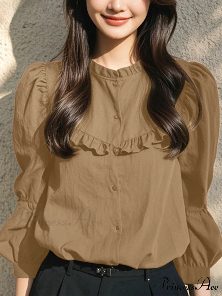 Button-Up Round-neck Lantern Sleeve Informal Blouse - Image 2