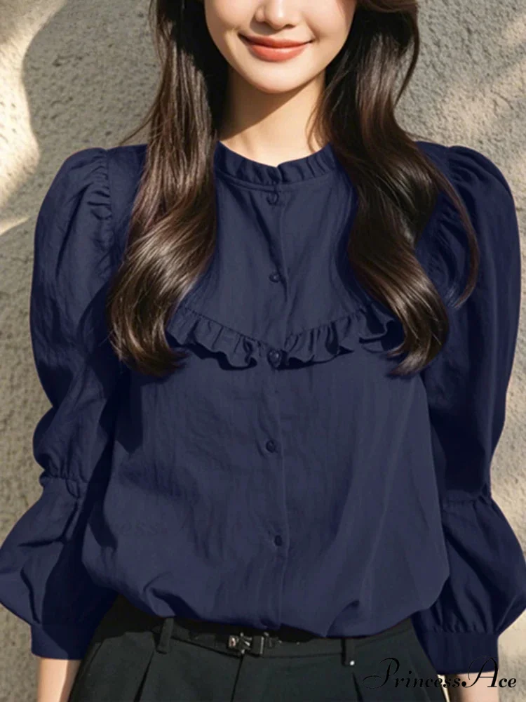 Button-Up Round-neck Lantern Sleeve Informal Blouse - Image 3