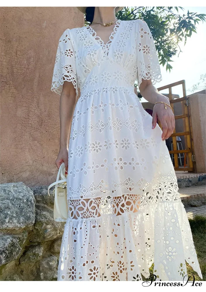 Button Up Stitched Lantern Sleeve Cotton Boho Dress - Image 2