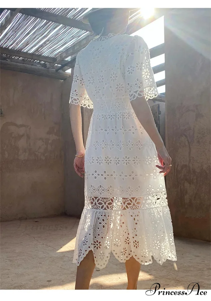 Button Up Stitched Lantern Sleeve Cotton Boho Dress - Image 3