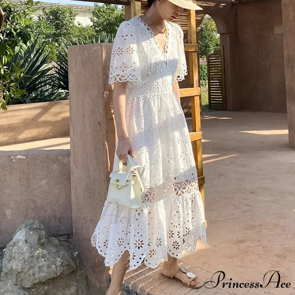 Button Up Stitched Lantern Sleeve Cotton Boho Dress - Image 4
