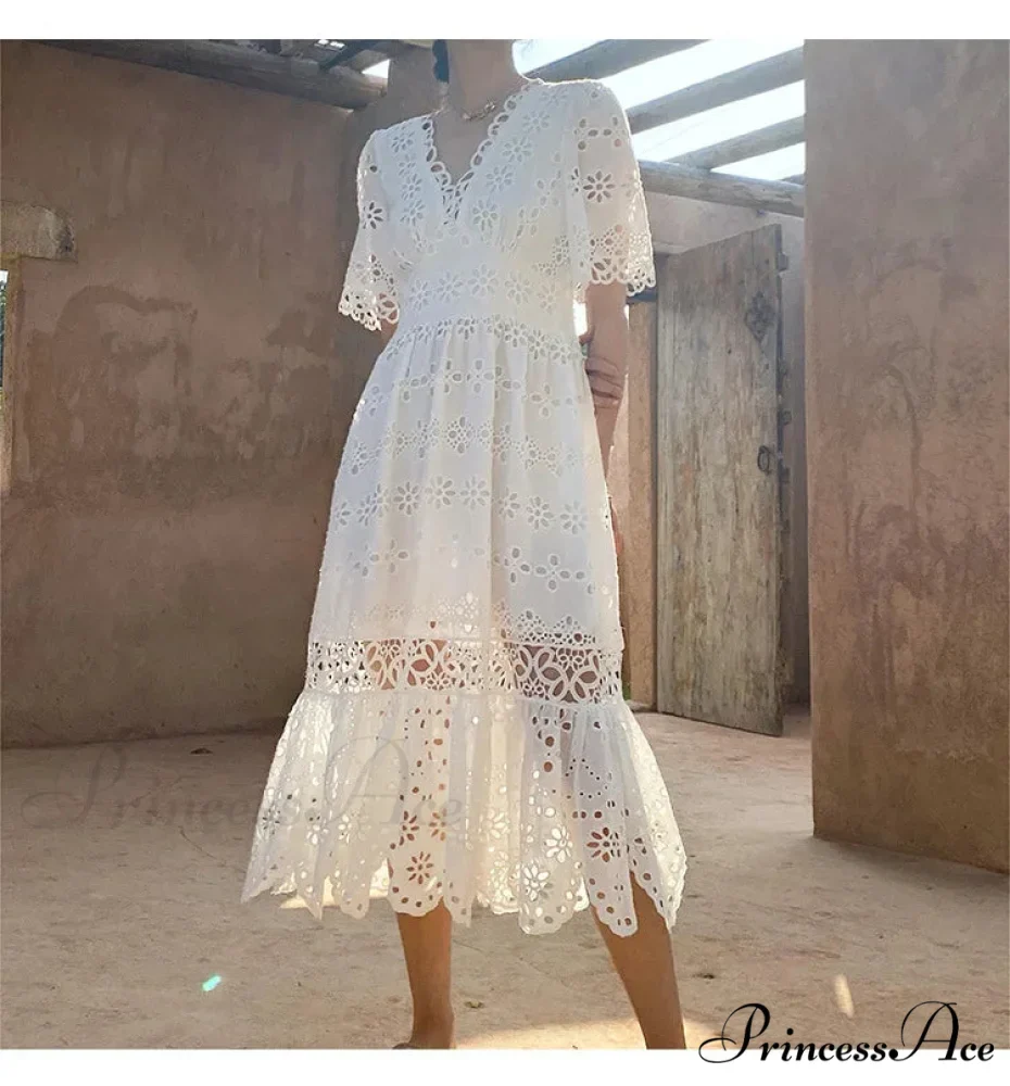 Button Up Stitched Lantern Sleeve Cotton Boho Dress - Image 5