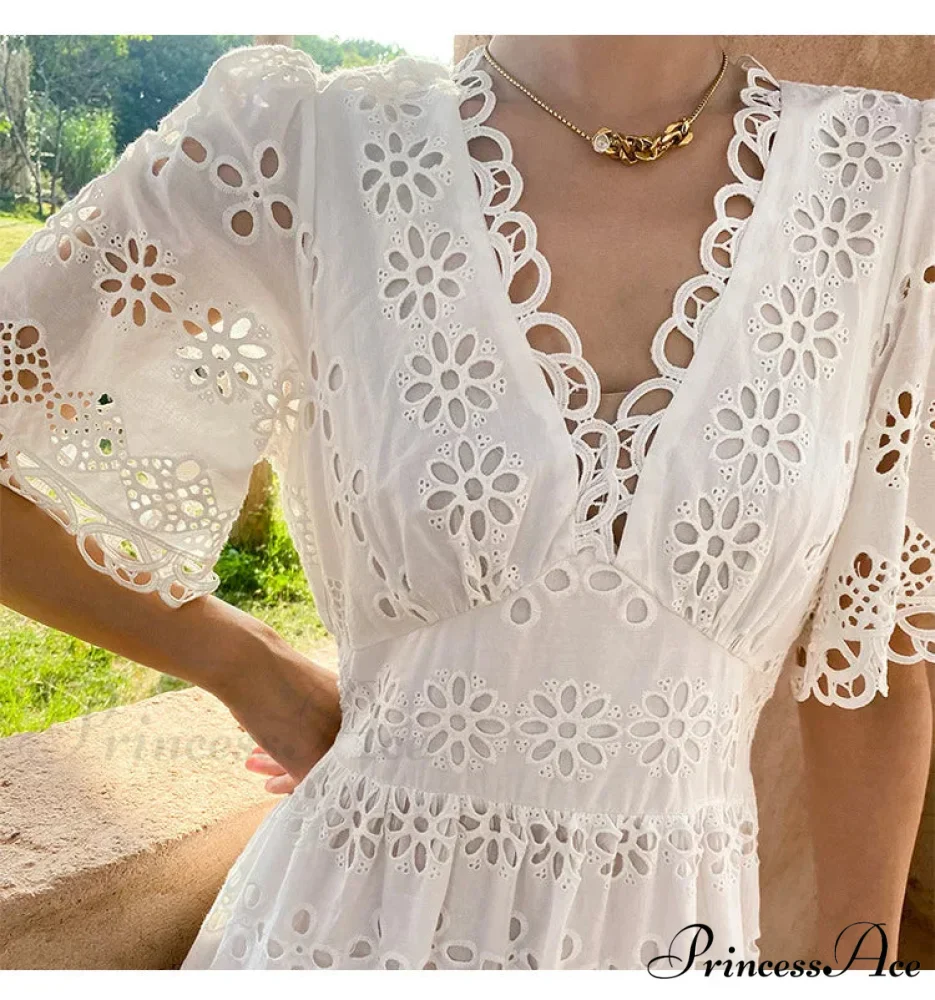Button Up Stitched Lantern Sleeve Cotton Boho Dress - Image 6