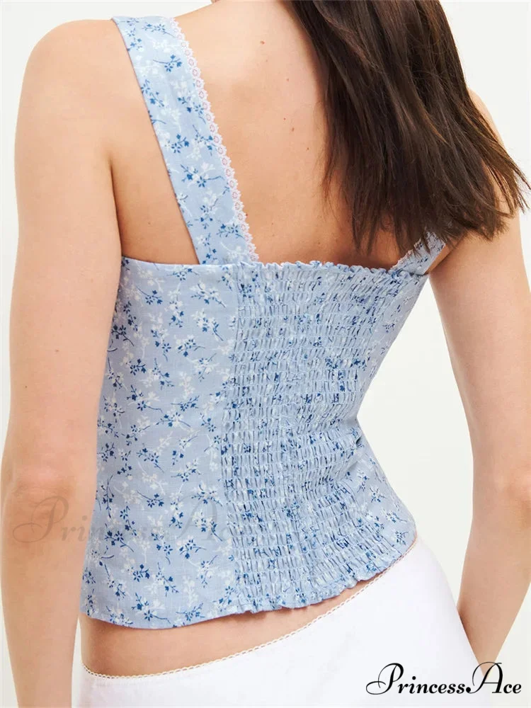 Buttoned Square Neck Lace Floral Cropped Top - Image 2
