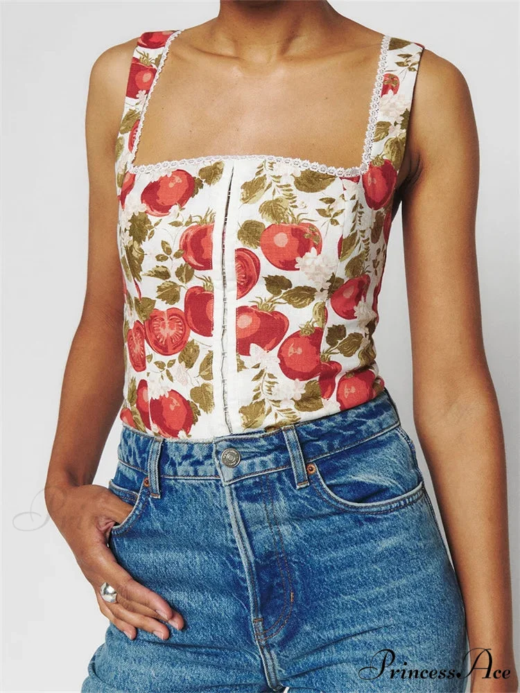 Buttoned Square Neck Lace Floral Cropped Top - Image 5