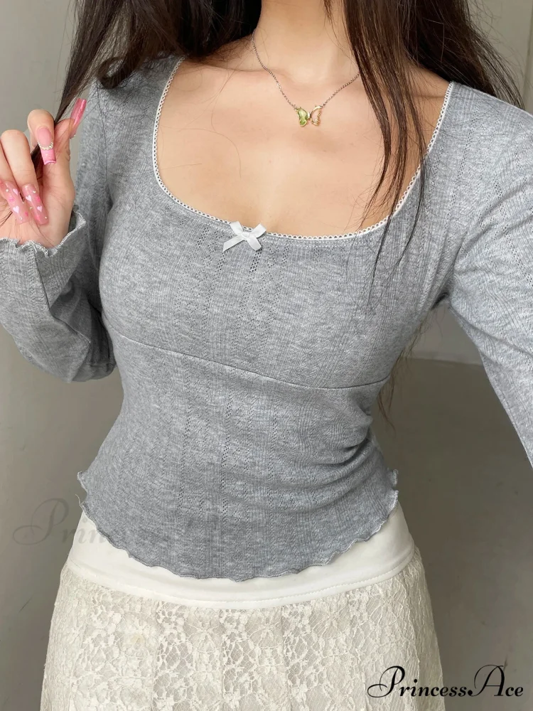 Candy Firm Bow Thin Square Neck Long Sleeve Knit Top - Image 2