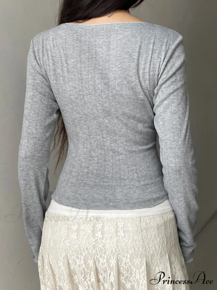 Candy Firm Bow Thin Square Neck Long Sleeve Knit Top - Image 3