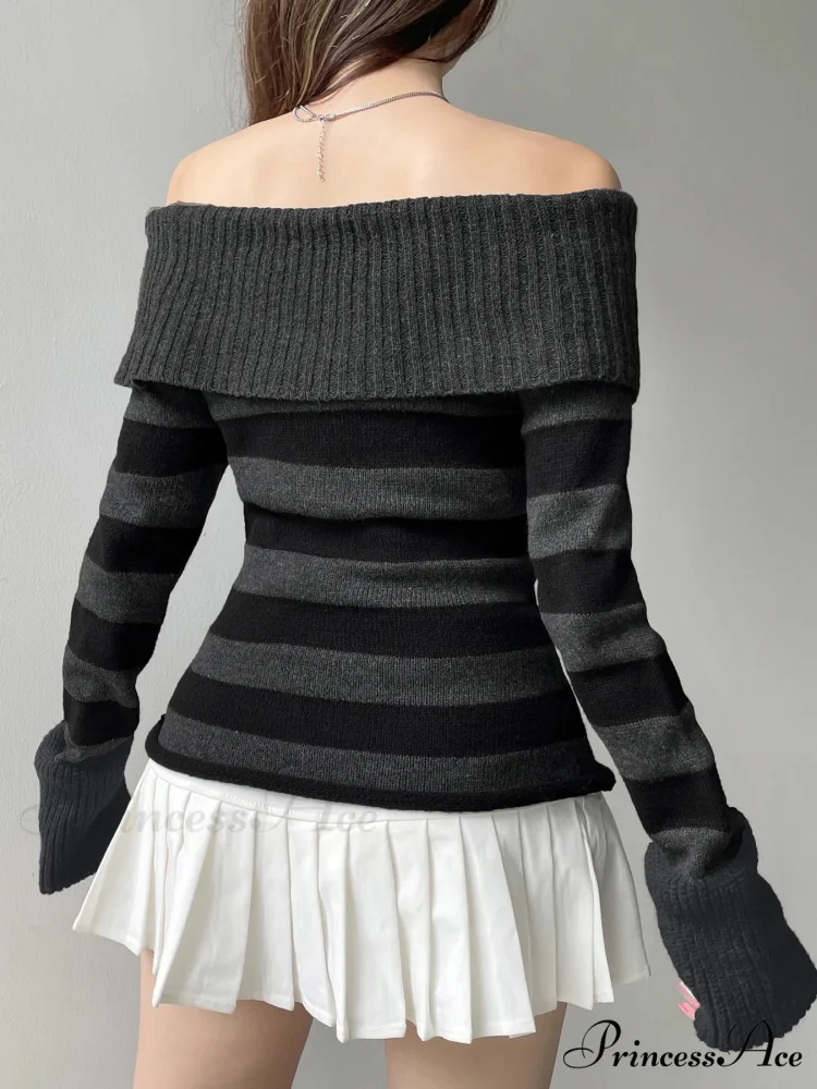 Candy Striped Bandage Knitted Slash Neck Extended Sleeve Pullover Jumper - Image 2