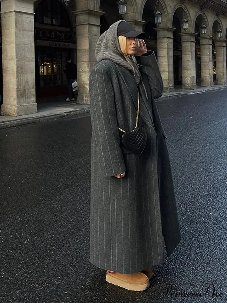 Charcoal Gray Stripe Woolen Overcoat - Image 2