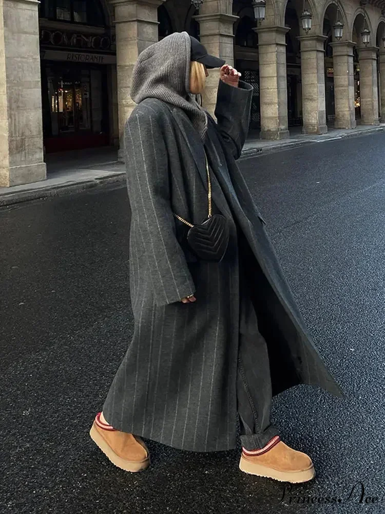 Charcoal Gray Stripe Woolen Overcoat - Image 3