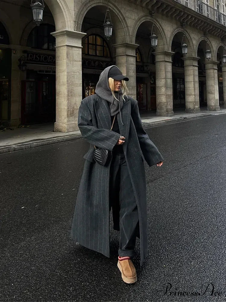 Charcoal Gray Stripe Woolen Overcoat - Image 7