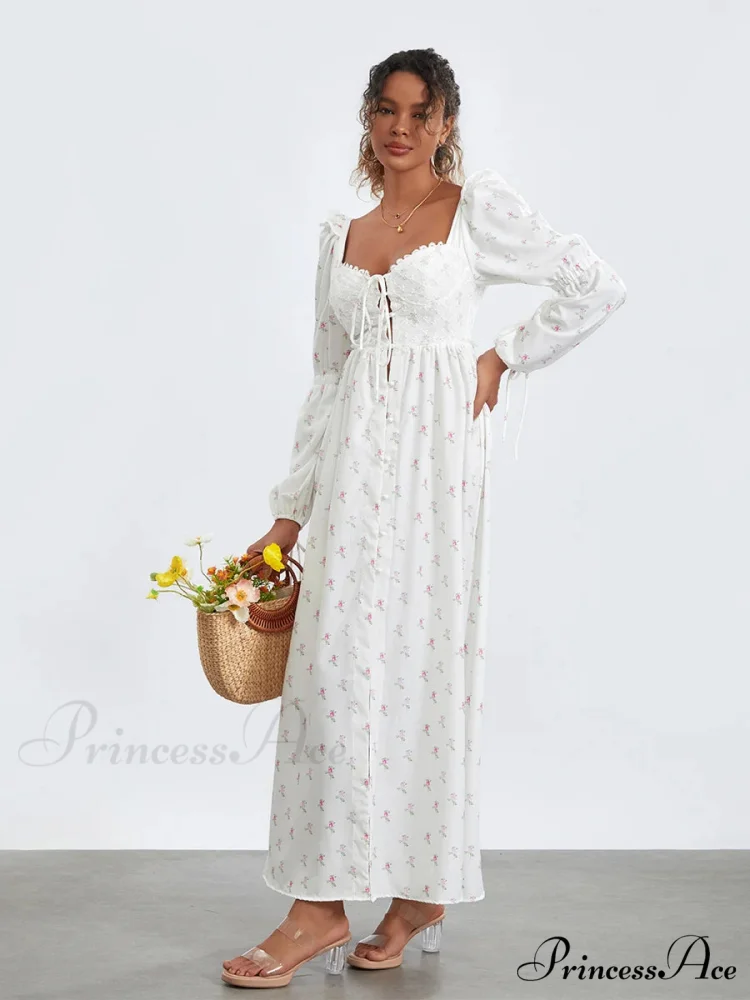 Charming Flower Pattern Puffed Sleeve Tall Split Flower Dress - Image 3