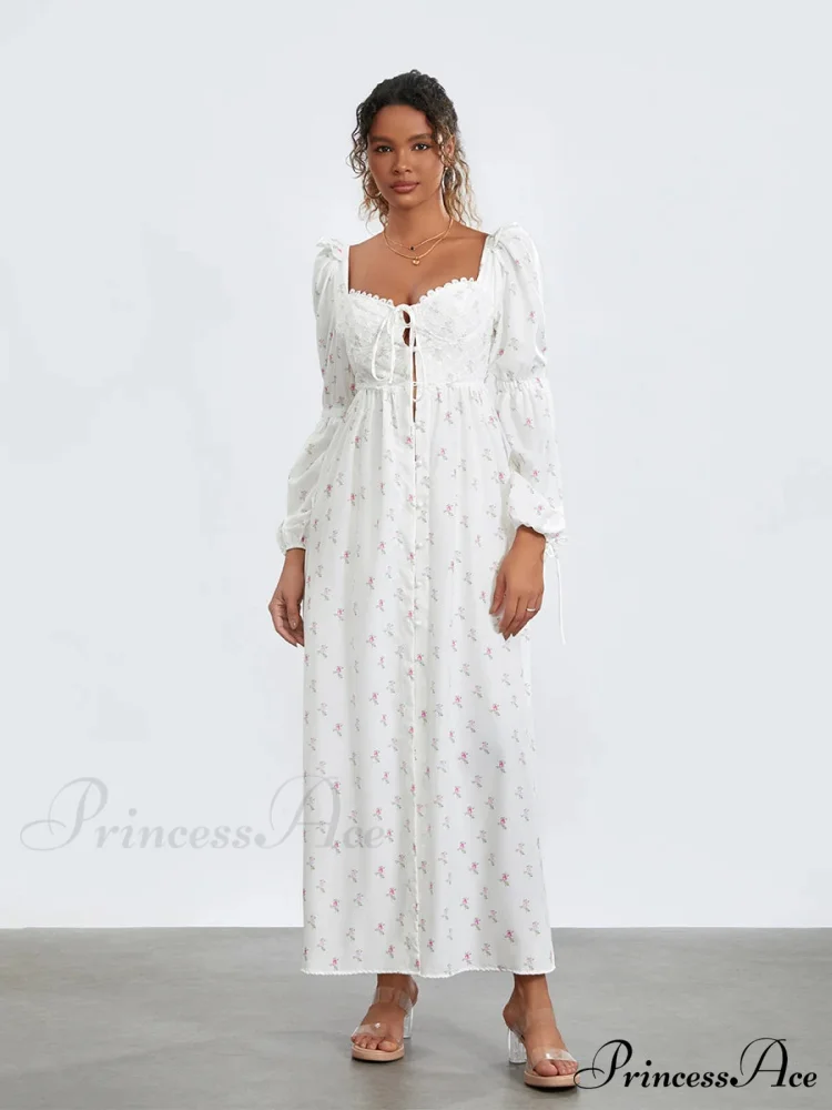 Charming Flower Pattern Puffed Sleeve Tall Split Flower Dress - Image 4