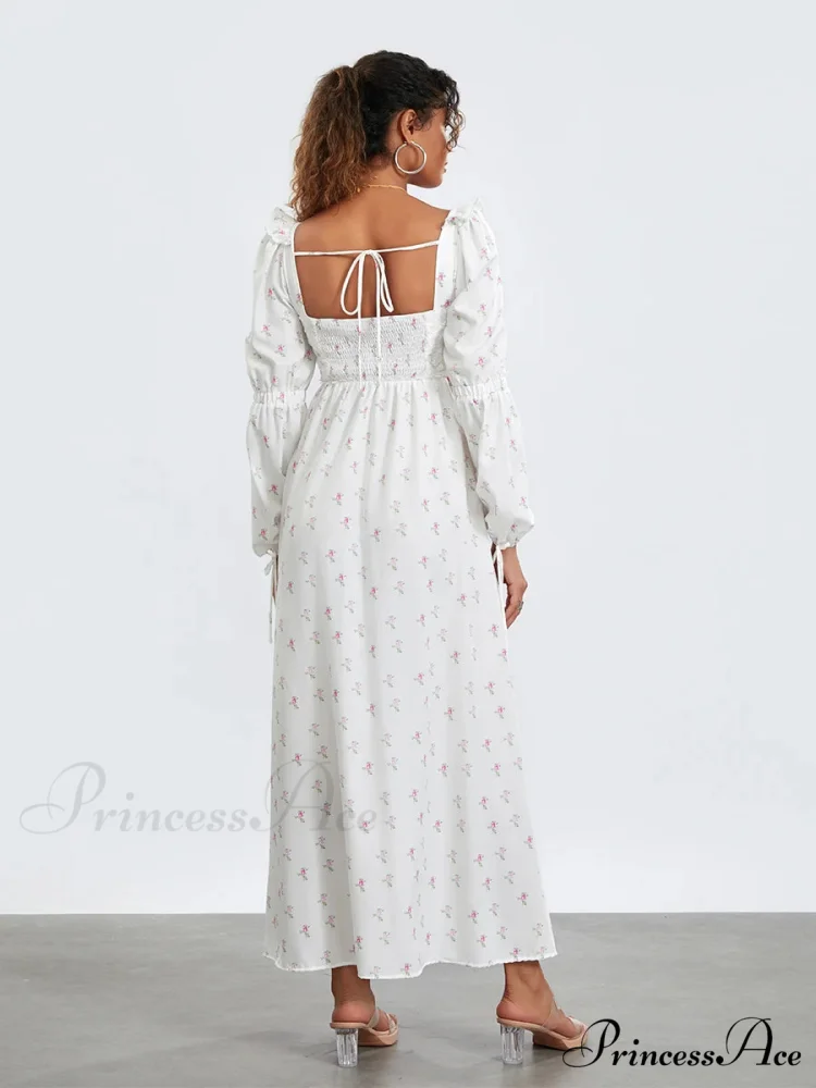 Charming Flower Pattern Puffed Sleeve Tall Split Flower Dress - Image 5