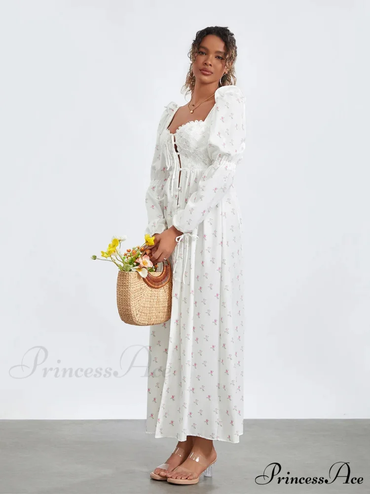 Charming Flower Pattern Puffed Sleeve Tall Split Flower Dress - Image 6