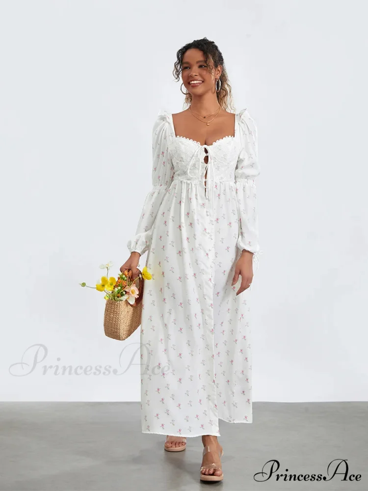 Charming Flower Pattern Puffed Sleeve Tall Split Flower Dress - Image 7