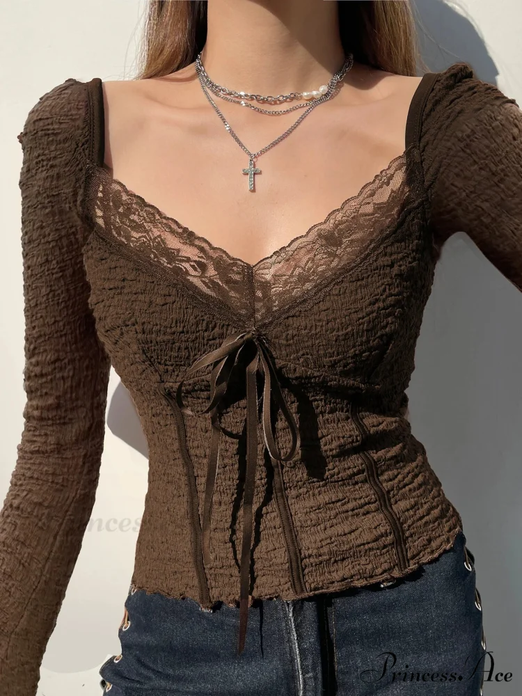 Charming Patchwork Lace Trim Sleek Square Collar Extended Sleeve Knit Top - Image 2