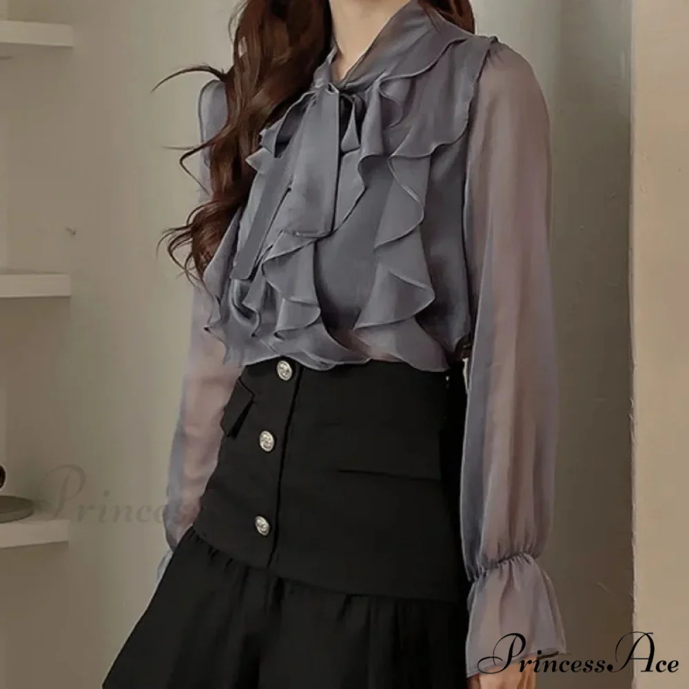 Charming Ribbon Chiffon Informal Extended Sleeve Blouse - Image 2