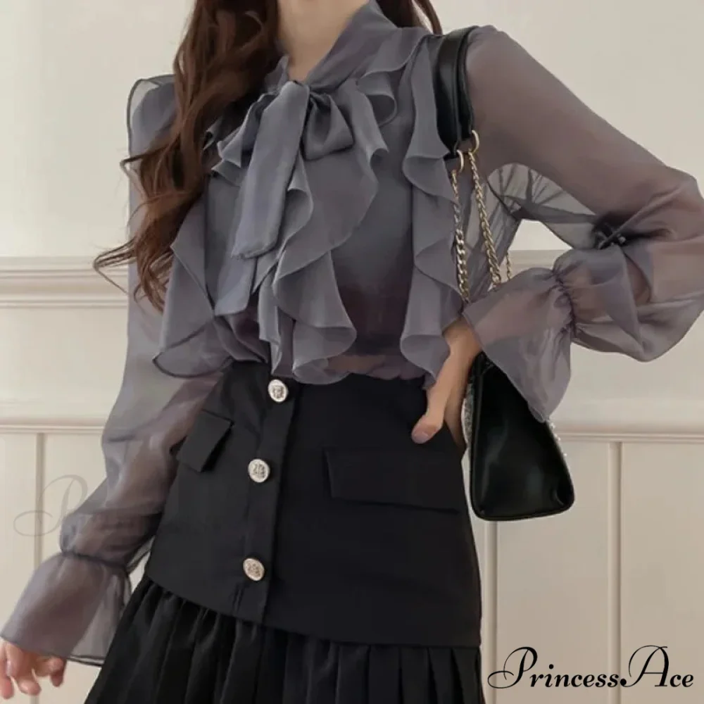 Charming Ribbon Chiffon Informal Extended Sleeve Blouse - Image 4
