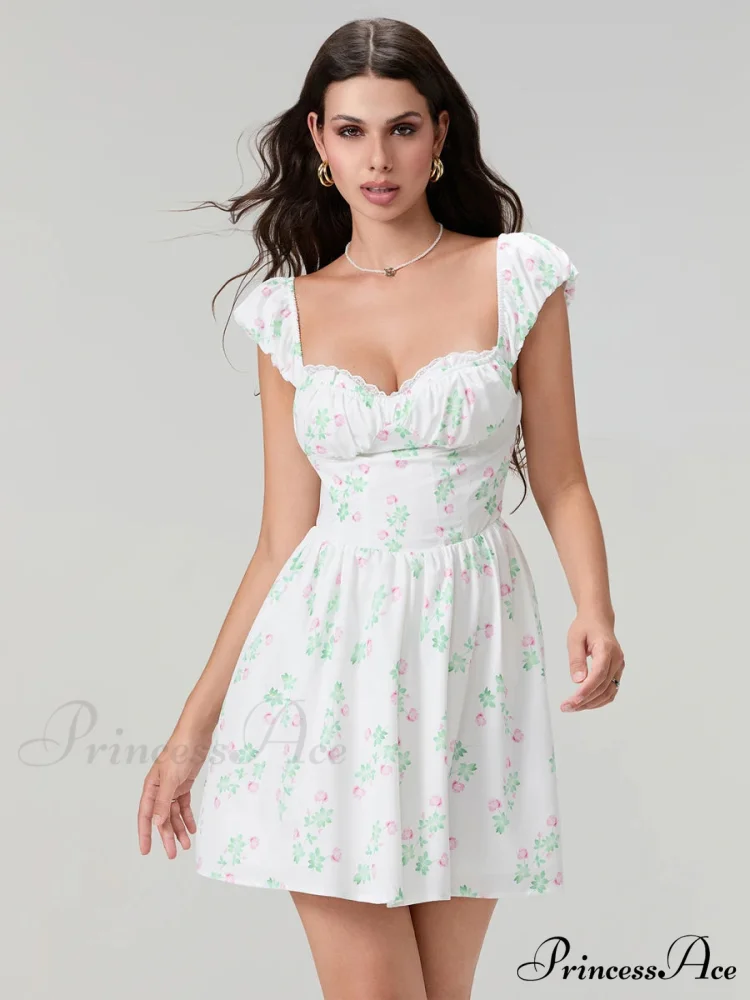Charming Sophisticated Flower Corset Mini Lace Trim Deep V-Neck Backless A-Line Dress - Image 2