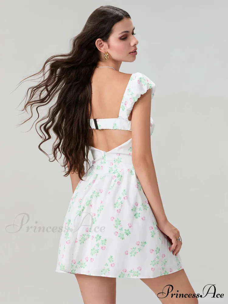 Charming Sophisticated Flower Corset Mini Lace Trim Deep V-Neck Backless A-Line Dress - Image 3